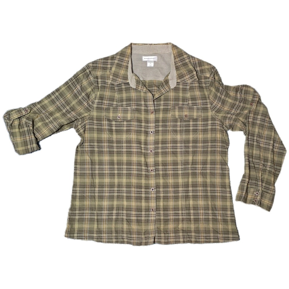 Christopher & Banks Mens Plaid Long Sleeve Button‎ Up Shirt Khaki Green XL (AF)